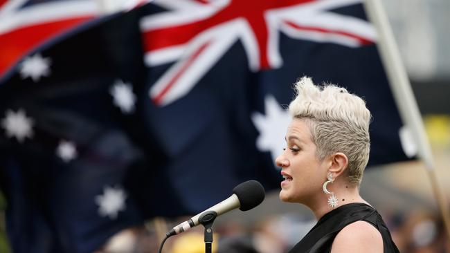 Katie Noonan sings the national anthem before the Emirates Melbourne Cup. Picture: Getty