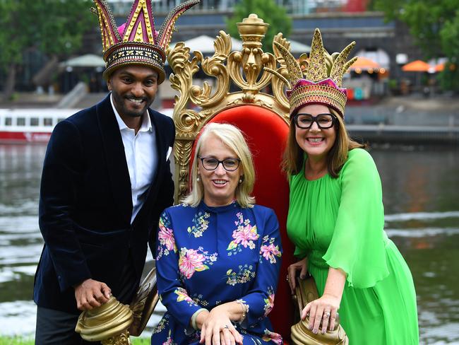 2020 Moomba monarchs Nazeem Hussain and Julia Morris with Sally Capp. Picture: AAP