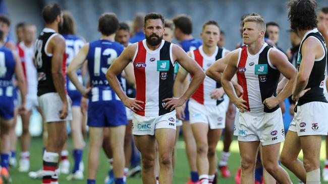 A dejected St Kilda captain Jarryn Geary after the club squandered a Round 1 lead against North Melbourne.