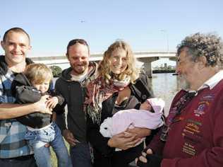 The team that helped bring baby Launa into the world by the side of the road at Swans Bay last week: (From Left) Jack Wood of Bora Ridge, 2y Sunny MacKinnon, Dad Wade MacKinnon, Mum Jacqui Levy Baby Launa MacKinnon all of New Italy, with Roger Wood of Bora Ridge. Picture: Doug Eaton