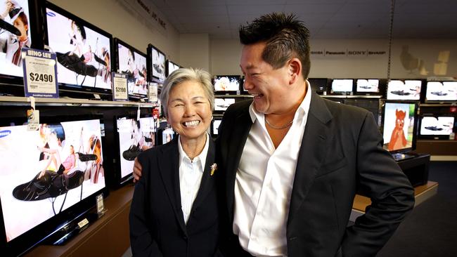 Lionel Lee, chief executive of Bing Lee, with his mother Yenda at the Bing Lee electrical store in Guilford, Sydney, NSW.