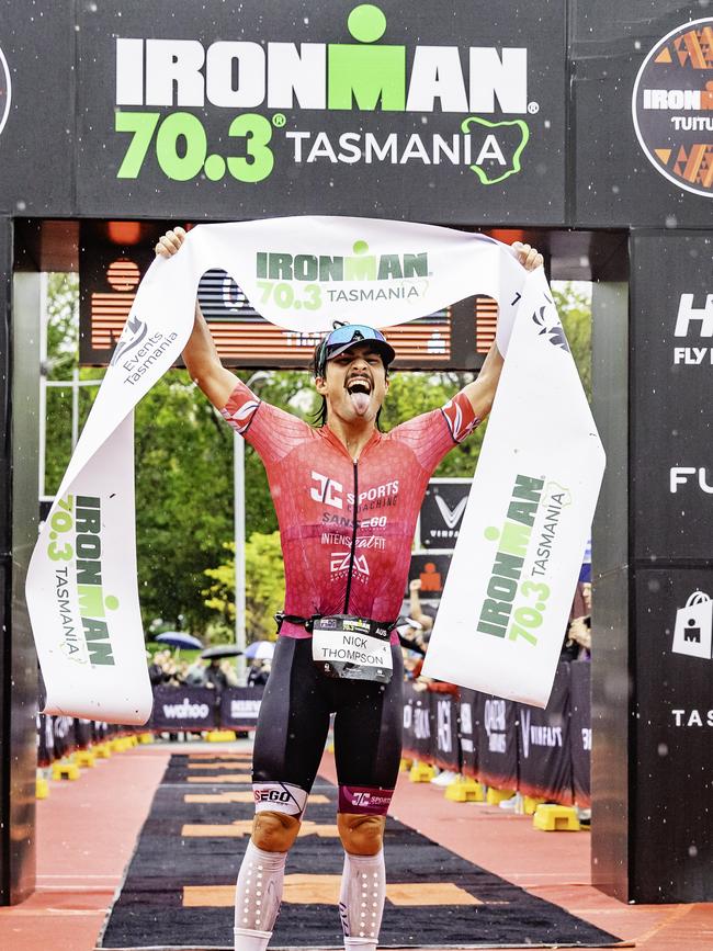 Australian triathlete Nick Thompson wins the Ironman 70.3 Tasmania in Hobart on Sunday 4th February. Picture: Linda Higginson