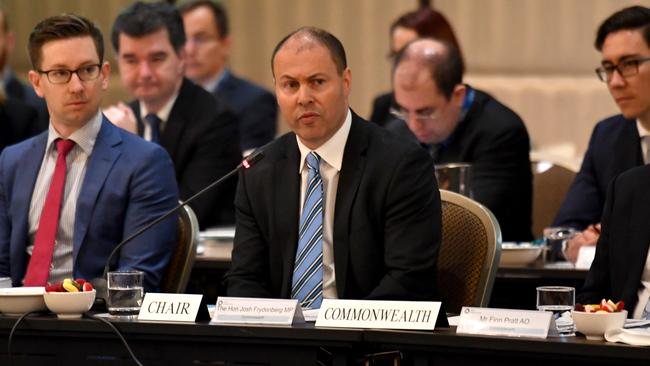 Minister for Energy Josh Frydenberg with state and territory energy ministers during a COAG meeting to discuss the National Energy Guarantee (NEG) at the Shangri La Hotel in Sydney on Friday. Picture: Mick Tsikas/AAP