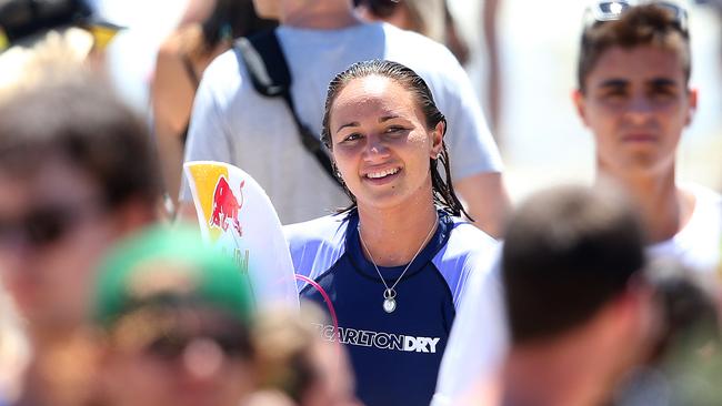 Carissa Moore makes her way up the beach after the expression session from the Roxy and Quiksilver Pro at Snapper Rocks. Picture: Adam Head