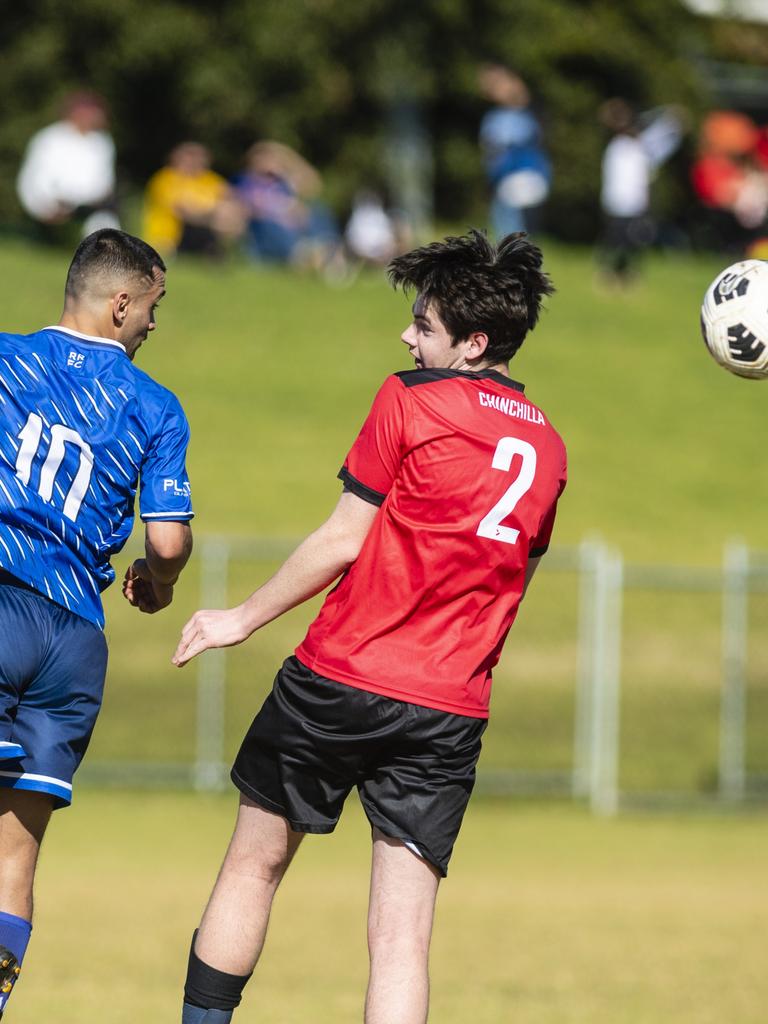 Tahssin Al Qaso (left) of Rockville Rovers against Harry Beeton of Chinchilla Bears in Div 1 Men FQ Darling Downs Presidents Cup football at West Wanderers, Sunday, July 24, 2022. Picture: Kevin Farmer