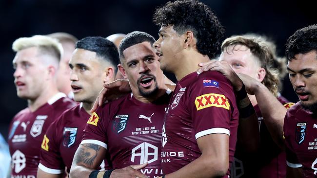 Dane Gagai and Selwyn Cobbo embrace after a try. Picture: Getty Images