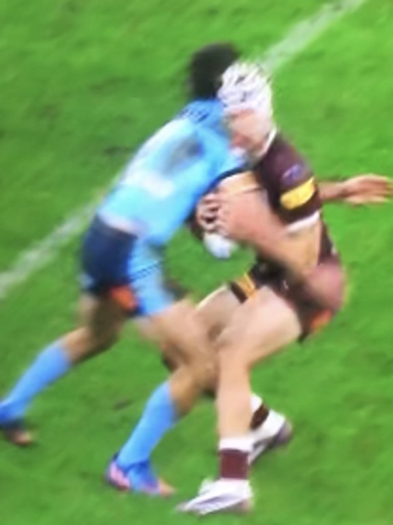 Nathan Cleary’s shot on Kalyn Ponga. Picture: Channel 9