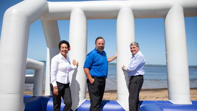 Moreton Bay Regional Council Koliana Winchester, Aqua Splash director Matt Devine and Mayor Allan Sutherland. Picture: Dominika Lis