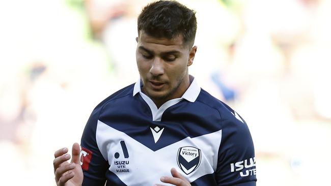 MELBOURNE, AUSTRALIA - FEBRUARY 10: Zinedine Machach of Melbourne Victory reacts during the A-League Men round 16 match between Melbourne Victory and Macarthur FC at AAMI Park, on February 10, 2024, in Melbourne, Australia. (Photo by Darrian Traynor/Getty Images)