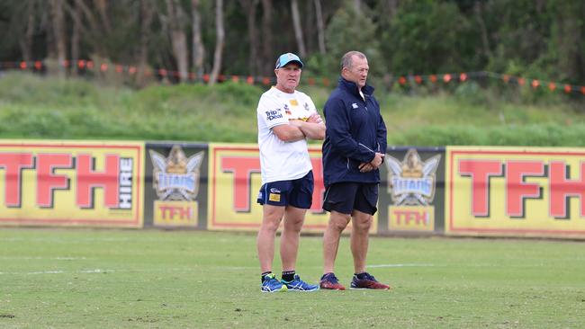 Trevor Gillmeister at Gold Coast training with Titans coach Garth Brennan. Photo: Courtesy Gold Coast Titans
