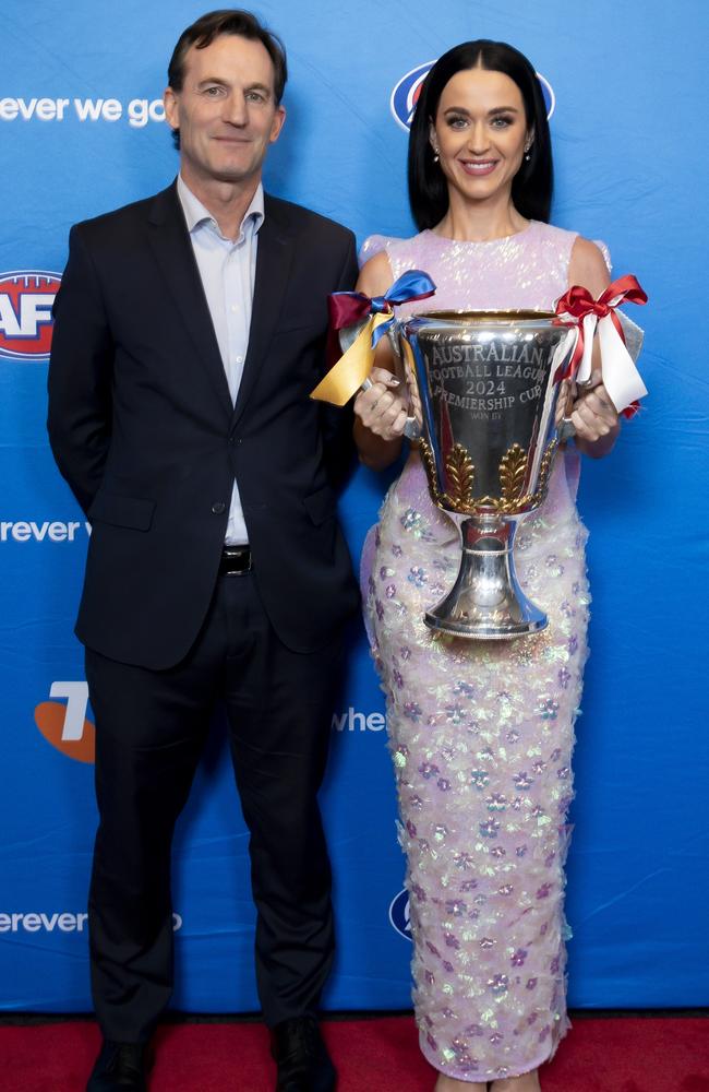 AFL chief executive Andrew Dillon with Katy Perry. Picture: Getty Images