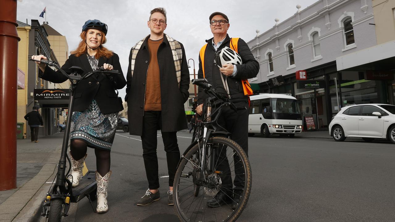 Alderman Louise Bloomfield, Tim Jarvis owner of Fullers Bookshop, Councillor John Kelly who are hoping for a compromise with the proposed bike lanes in Collins Street. Picture: Nikki Davis-Jones