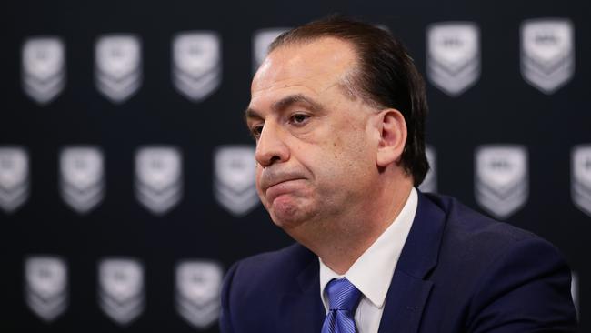 SYDNEY, AUSTRALIA - MARCH 24: ARLC Chairman Peter V'landys speaks to the media during an NRL press conference at NRL headquarters on March 24, 2020 in Sydney, Australia. (Photo by Matt King/Getty Images)