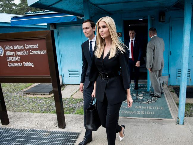 Jared Kushner and Ivanka Trump leave Freedom House in the Demilitarized Zone of North and South Korea. Picture: Brendan Smialowski/AFP