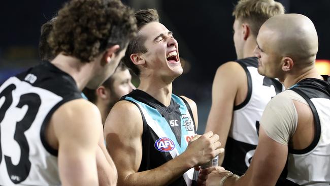 Teenage sensation Connor Rozee is all laughs after playing a starring role in Port Adelaide’s win against North Melbourne. Picture SARAH REED