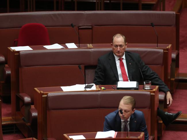 senator Fraser Anning in the senate chamber at Parliament House in Canberra. Picture Kym Smith