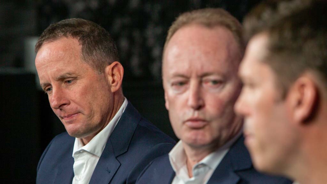 Don Pyke, Rob Chapman and Andrew Fagan at the press conference when the Crows and the former coach parted ways. Picture: Emma Brasier