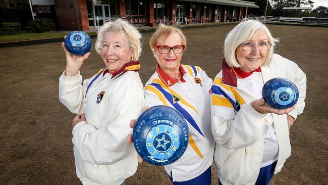 The women from Chadstone Bowls Club behind the viral Beyonce-inspired video 'All the Bowling Ladies', Terry Foster, Janine Halls and Wyn Hewett. Picture: Tim Carrafa