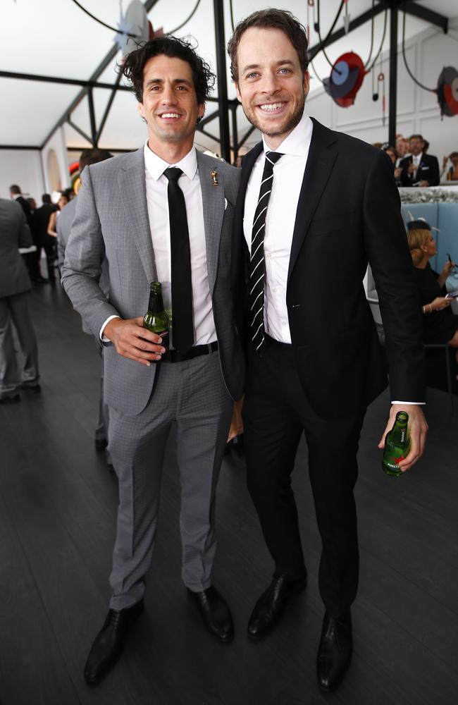 Andy Lee and Hamish Blake in the Birdcage at Derby Day 2014. Picture: Bradley Hunter