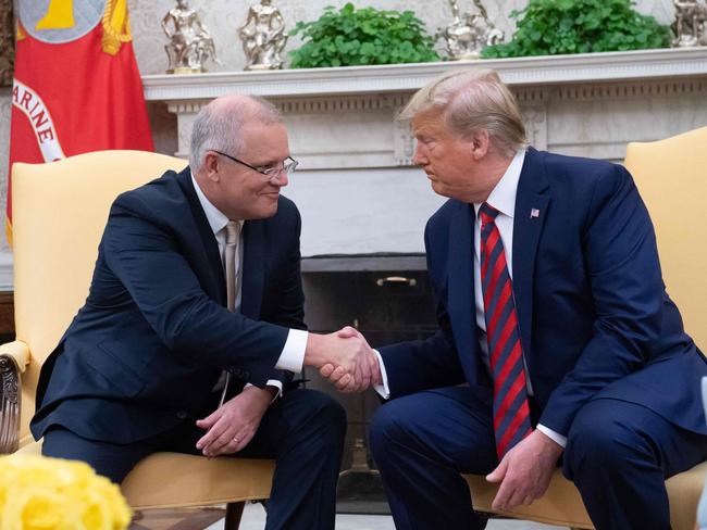 Scott Morrison and Donald Trump during a meeting to discuss US and Australia’s relationship inside the Oval Office last year. Picture: AFP