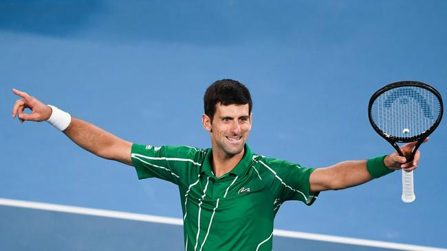 Serbia's Novak Djokovic celebrates after victory against Austria's Dominic Thiem during their men's singles final match. Picture: AFP/Manan Vatsyayana