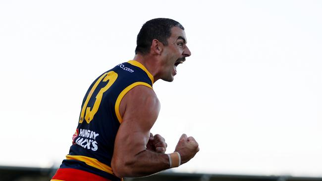 Taylor Walker celebrates kicking the sealer against the Western Bulldogs in round 6. Picture: Dylan Burns/AFL Photos via Getty Images