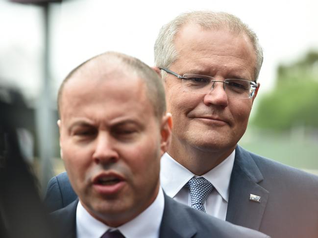 Treasurer Josh Frydenberg (left) and Prime Minister Scott Morrison during a press conference at the Geelong Train Station in Victoria, March 22, 2019. The Prime Minister has announced a high-speed rail link between Melbourne and Geelong, which will be included in the 2019 Federal Budget. (AAP Image/James Ross) NO ARCHIVING