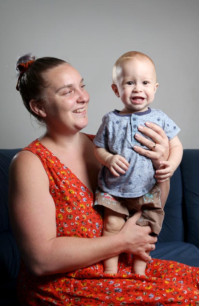 Laicey Johnson with 10-month-old Landon Loughran. Landon was born with a blood disorder called haemophilia. Picture: Steve Pohlner