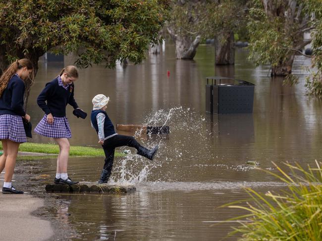 Flood waters rise in The Port of Sale near the junction of Macalister River, Thompson river and La trobe rivers in Gipsland. Bystanders watch the flooding along the shores of the port. Picture: Jason Edwards