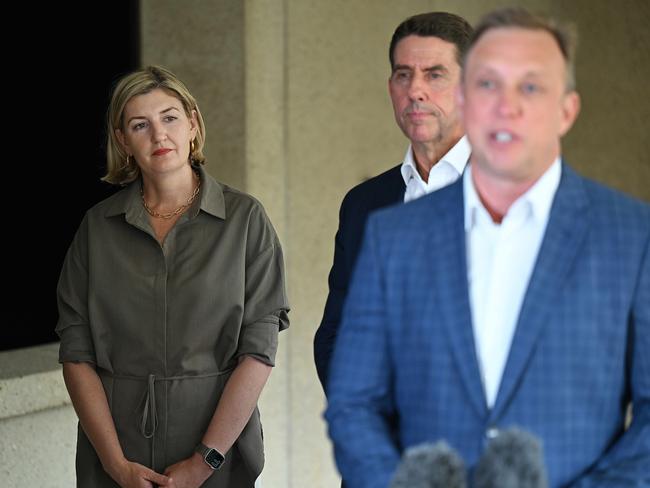 Opposition leader Steven Miles, flanked by Shannon Fentiman and Cameron Dick. Picture: Lyndon Mechielsen