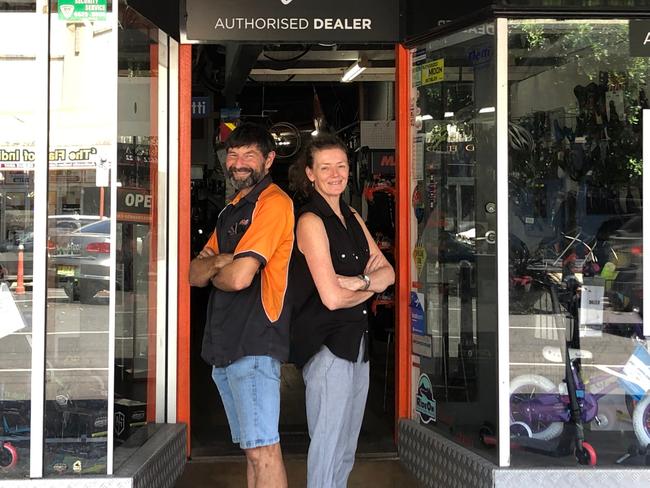 HISTORIC MOVE: After nearly 103 years in the same storefront, Harris Cycle Co is moving out of Keen St, Lismore, but owner Darryl Pursey and partner Jo Bonaccosi are excited about their new space at 63 Bridge St South Lismore. Photo: Alison Paterson