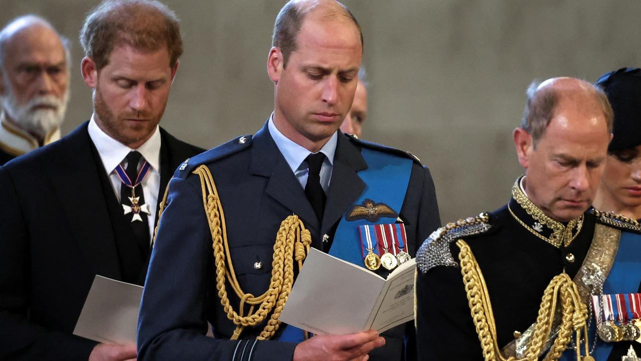 At Westminster Hall, Prince Harry walked behind his brother, with Meghan by his side. Picture: Getty Images.