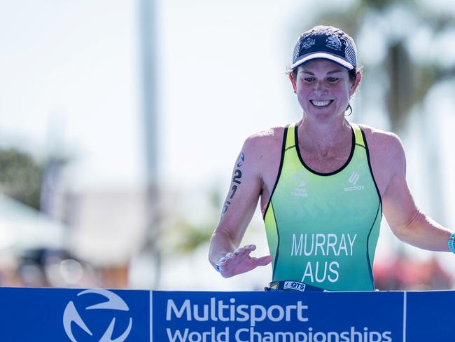 Belinda Murray winning the women's Age-Group Duathlon Standard World Championship title. Picture: Wagner Araujo.