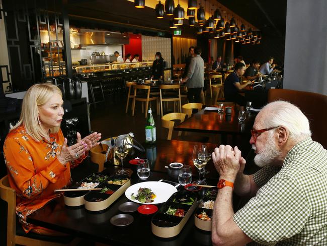 Leo Schofield (right) lunches with Kerri-Anne Kennerley (left) at Sokyo in Pyrmont. Picture: John Appleyard