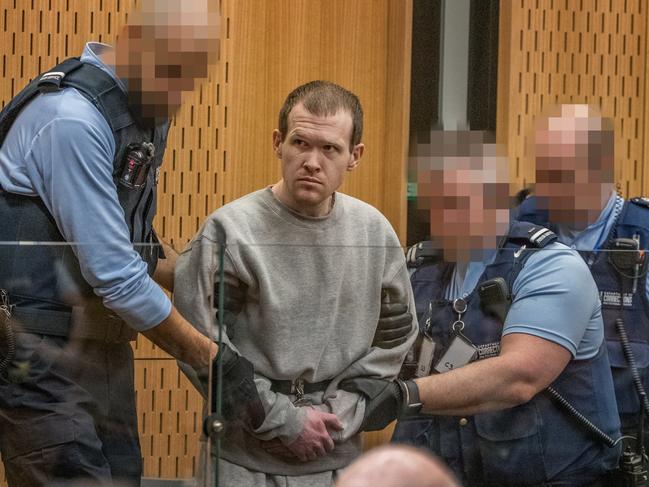 Christchurch mosque gunman Brenton Tarrant arrives during his sentencing hearing at Christchurch High Court on August 25, 2020. Picture: Getty