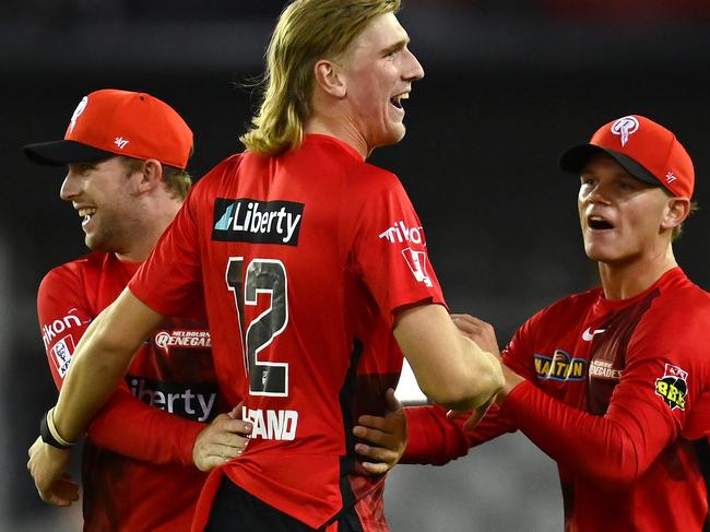 Sutherland celebrates the wicket of Adelaide Strikers’ Harry Nielsen in December, 2021. Picture: Quinn Rooney/Getty Images.