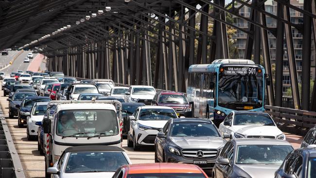 A photo of traffic on Victoria Rd across the Iron Cove Bridge.