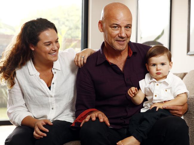 Former detective Gary Jubelin at home this week with daughter Gemma and grandson Zion. Picture: Sam Ruttyn