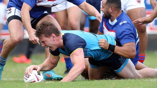 Action gallery of the Gold Coast Vikings vs Brisbane Blue game. Zane Harris scoring a try. 1 May 2022 Runaway Bay Picture by Richard Gosling