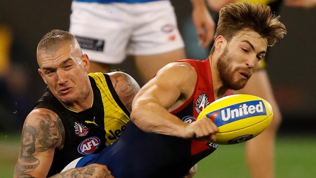 Captain Jack Viney continued to struggle and was ironed out by young Tiger Sydney Stack late in the match. Picture: AFL Photos