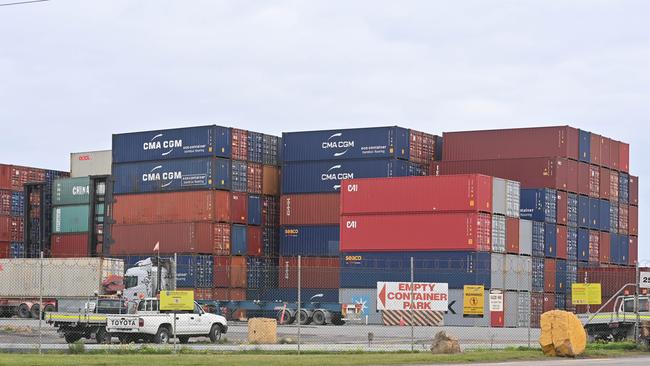 Shipping containers stacked at a premises on Coghlan Rd at Osborne. Picture: Keryn Stevens