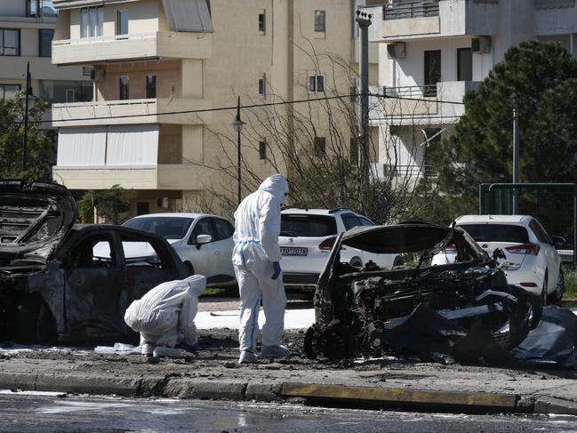 Jay Malkoun’s burnt out Mercedes in an Athens parking lot. Picture: Supplied, News Corp