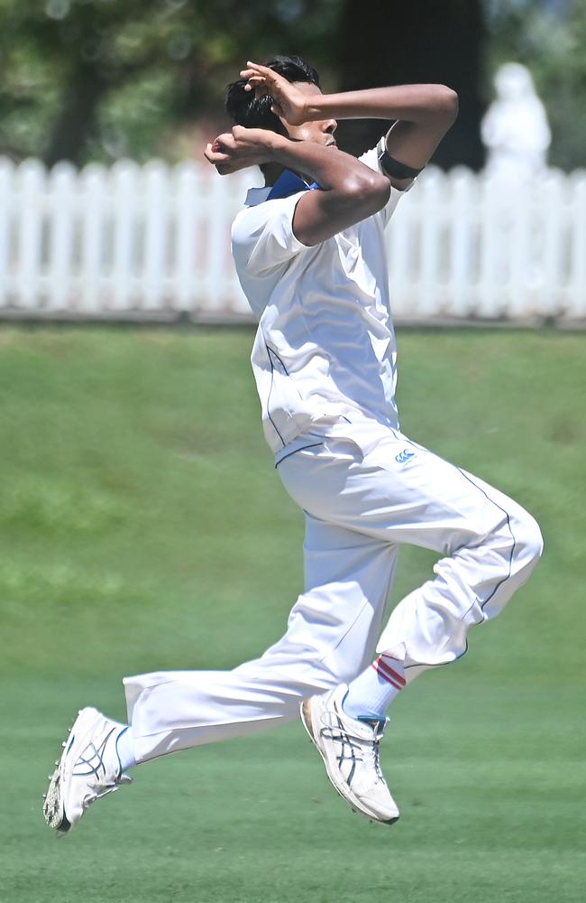 Nudgee college bowler Amitoj Sidhu GPS first XV cricket between Nudgee and BGS. Picture, John Gass