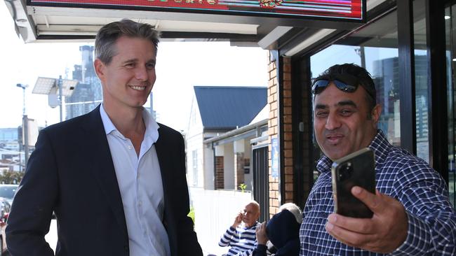 06/05/2022. Labor candidate for Parramatta Andrew Charlton, out campaigning, talking to locals in Harris Park in Sydney's western suburbs, locally known as little India. Britta Campion / The Australian