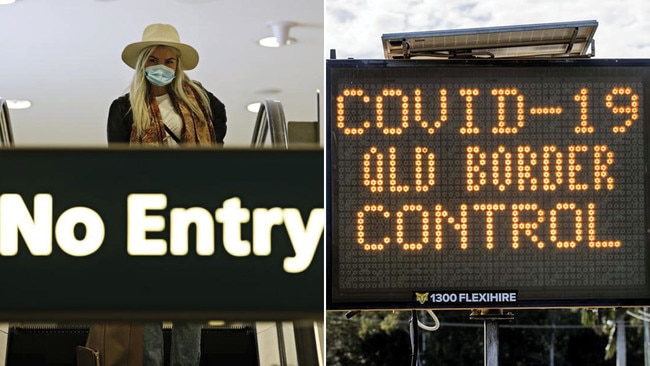 Sydney airport, where from now on Melburnians arriving by air into hotel quarantine, left, as Queensland again slams its borders shut to NSW and the ACT