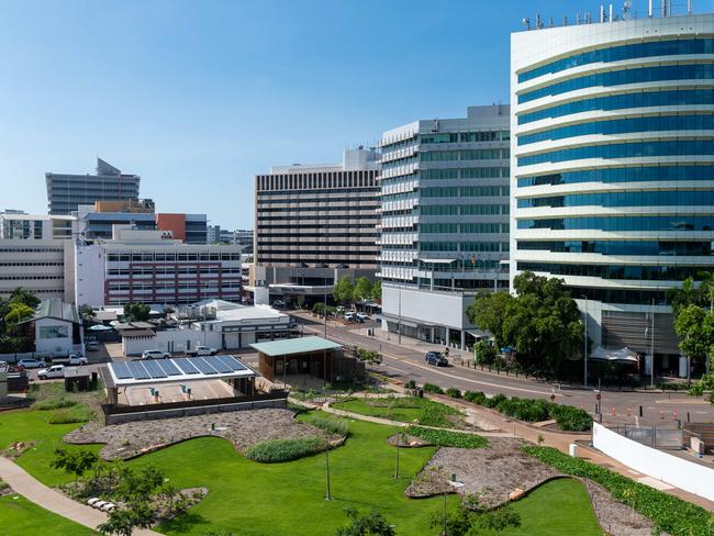 The view from the 5th floor of Parliament House, Darwin, including views of the Deck Chair Cinema, the Esplanade and the new State Square development.Picture: Che Chorley