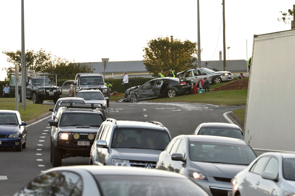 A three-vehicle crash on the top of the Toowoomba Range on Sunday, May 13. Picture: Kevin Farmer