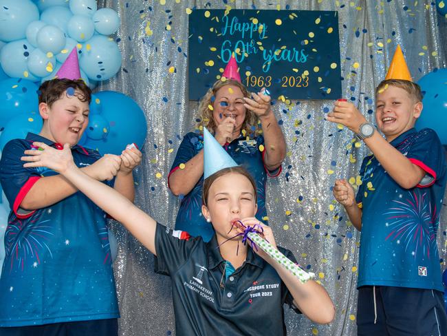 Gabriel Tomasi, School principal Fathma Maugar, Lachlan Fryer and front Mollie-may Osmond at the celebration of 60th anniversary of Larrakeyah Primary School, Darwin. Picture: Pema Tamang Pakhrin