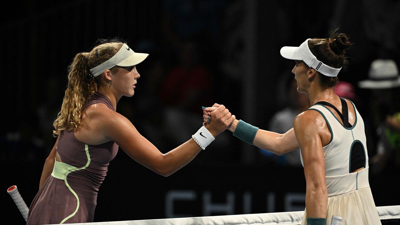 Russia's Mirra Andreeva (L) greets USA's Bernarda Pera after her win. Picture: AFP