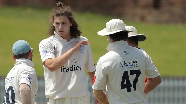 Tom Straker of the Sharks celebrates a wicket during round 5 of the NSW Premier Grade cricket match with Western Suburbs at Pratten Park on November 19, 2022 in Ashfield. (Photo by Jeremy Ng / Daily Telegraph NewsLocal)